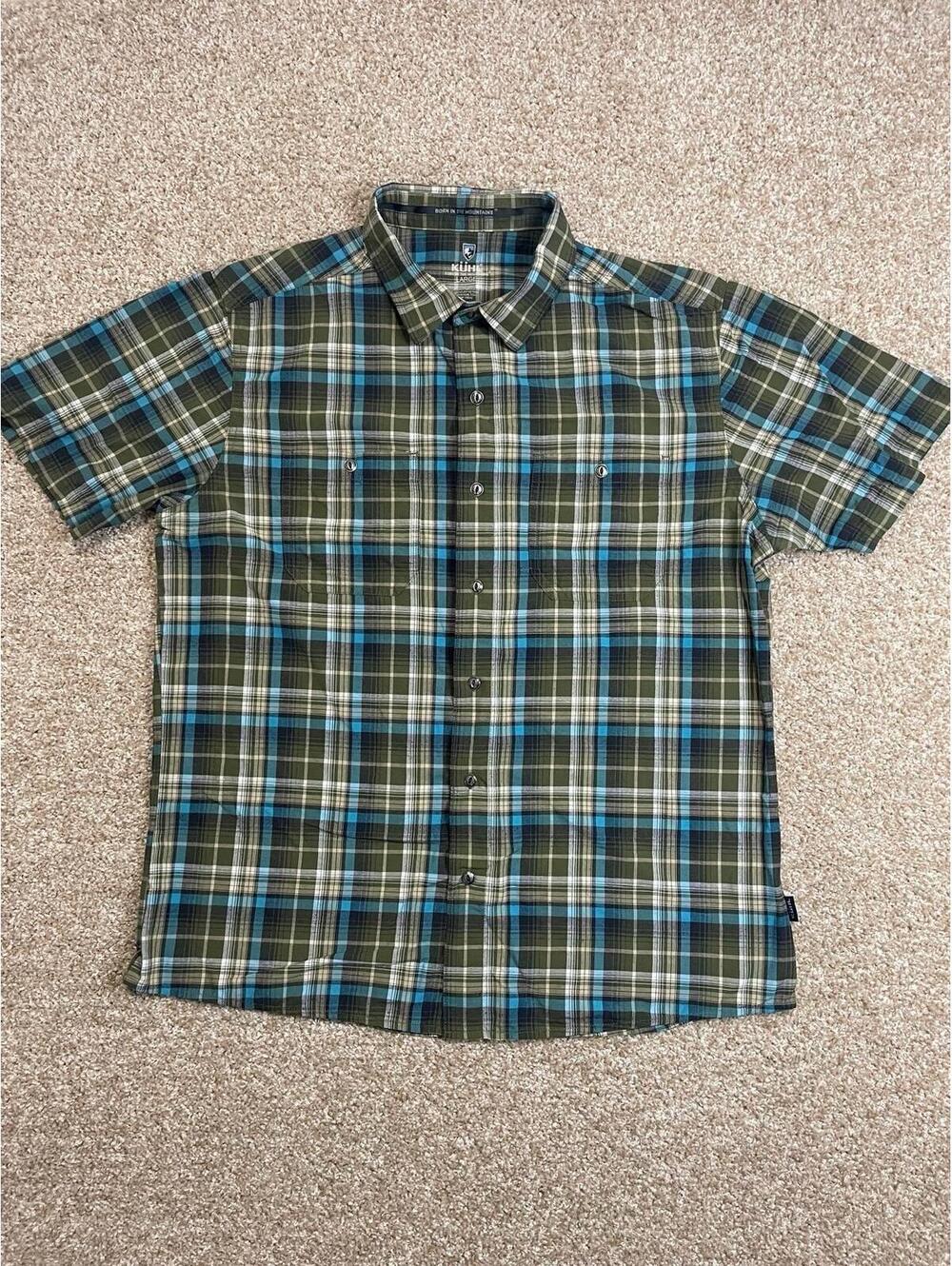 KUHL Shirt Short Sleeve Men Large Green Plaid Button Front No Stains *Pilling